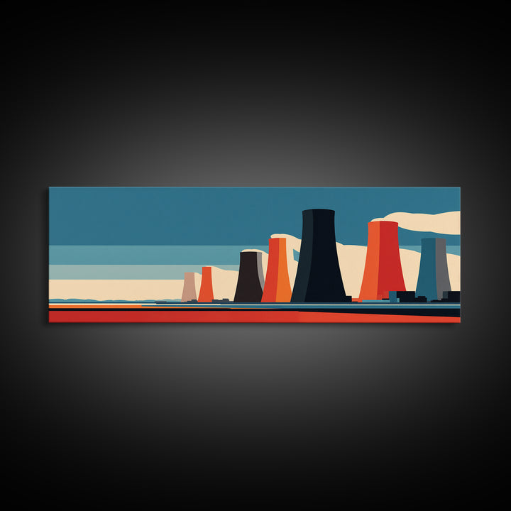 Retro Nuclear Cooling Towers At Desert Horizon Wall Art, Midcentury Modern Industrial Landscape, Bold Orange Blue MCM Decor
