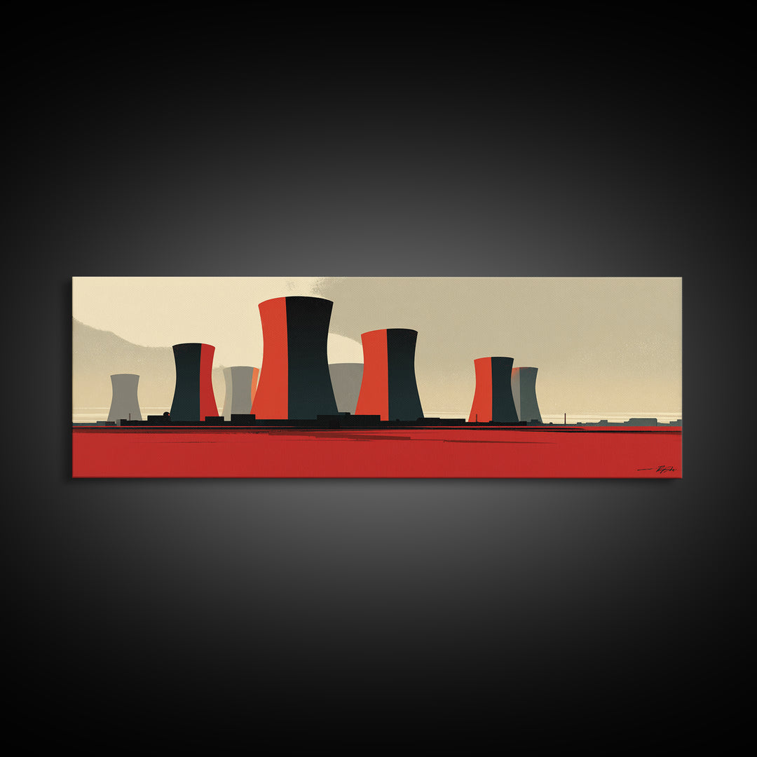 Minimal Cooling Towers On Red Plain Canvas Print, Midcentury Modern Industrial Landscape, Atomic Power Plant Wall Decor Art