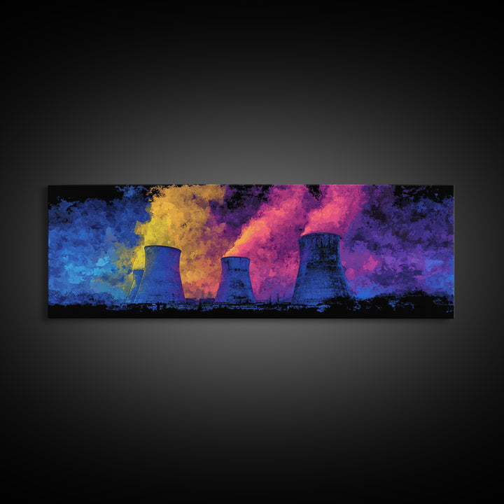 Blue Nuclear Towers With Neon Smoke Framed Canvas Print, Retro Sci Fi Industrial Wall Art, Colorful Modern Abstract Decor