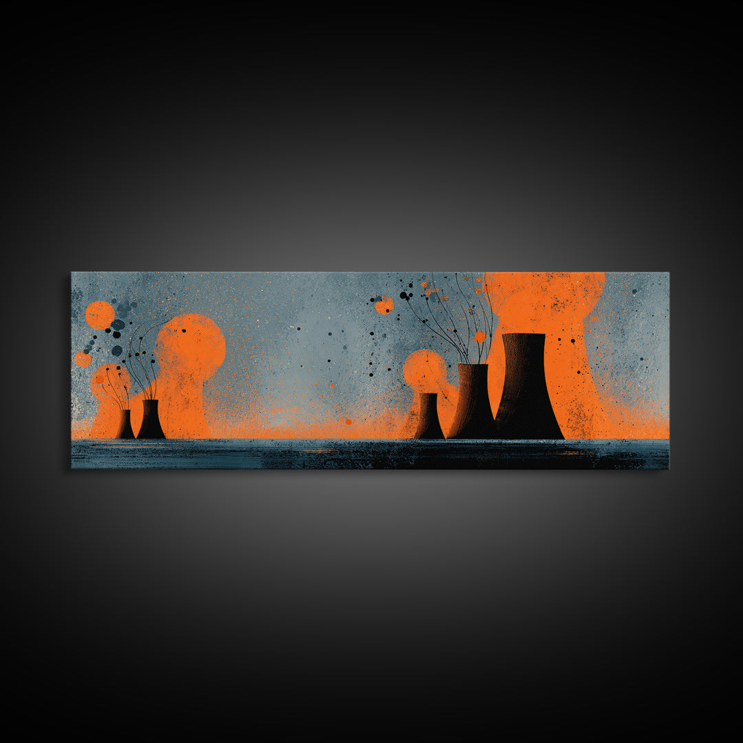 Orange Atomic Cooling Towers At Dusk Wall Art, Midcentury Modern Industrial Landscape, Retro Abstract Power Plant Decor Print