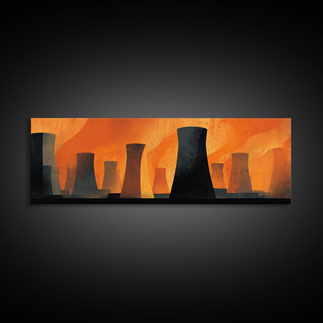 Black Cooling Tower Silhouettes In Orange Heat Canvas Print, Midcentury Modern Industrial Wall Art, Bold Atomic Decor Poster