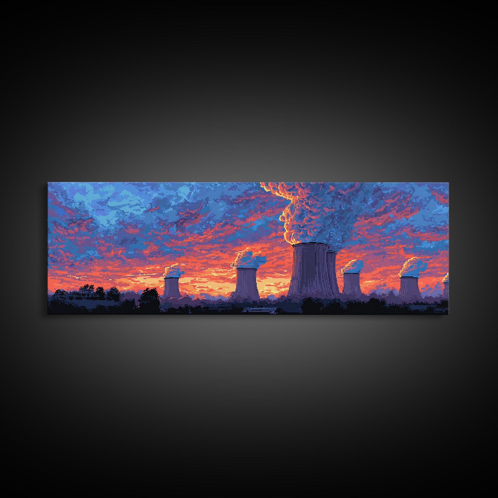 Purple Cooling Towers Under Fiery Sunset Framed Canvas Print, Retro Industrial Wall Art, Colorful Modern Landscape Decor