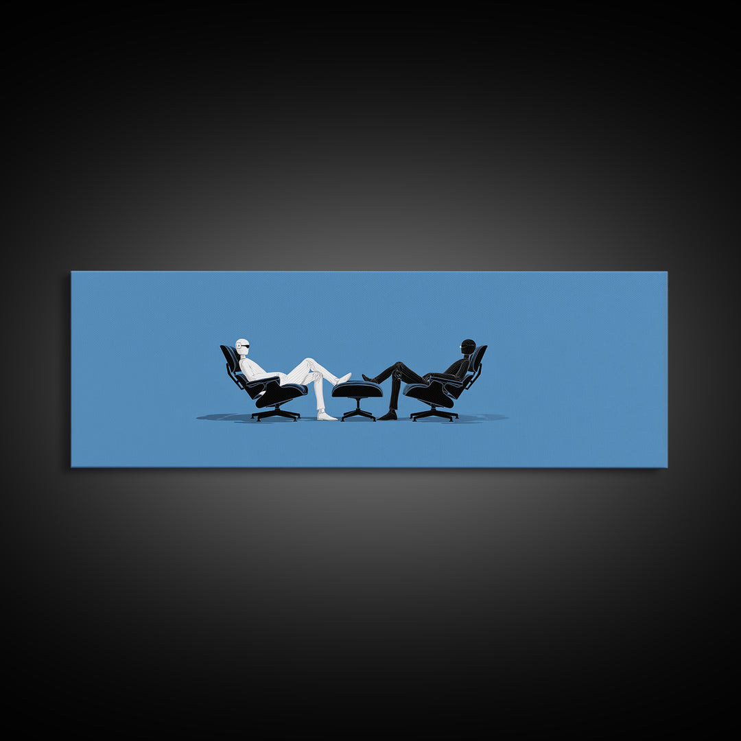 Two Minimal Figures In Lounge Chairs Wall Art, Midcentury Modern Therapy Office Decor, Blue Retro Abstract Art Print Poster
