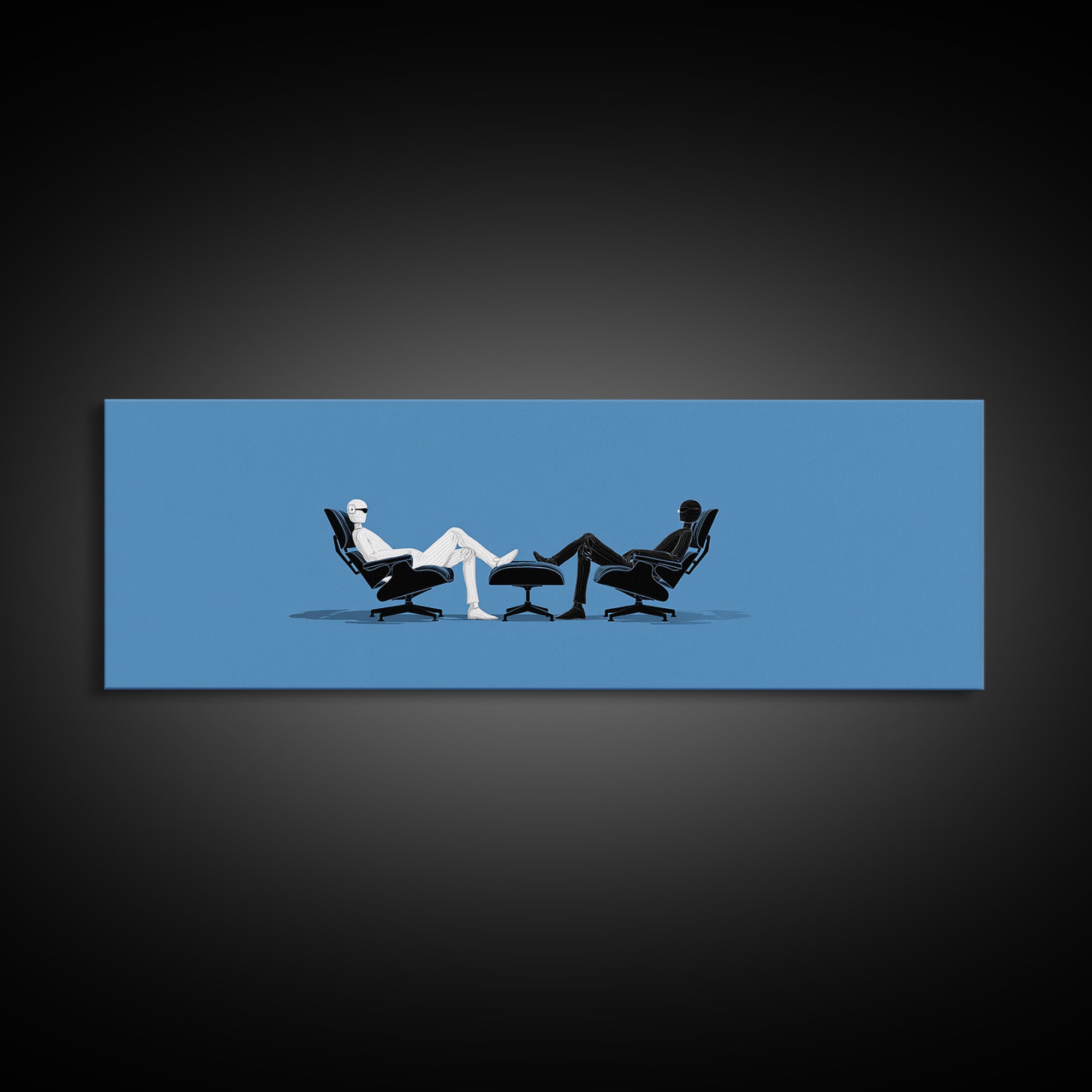 Two Minimal Figures In Lounge Chairs Wall Art, Midcentury Modern Therapy Office Decor, Blue Retro Abstract Art Print Poster