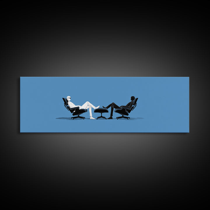Two Minimal Figures In Lounge Chairs Wall Art, Midcentury Modern Therapy Office Decor, Blue Retro Abstract Art Print Poster