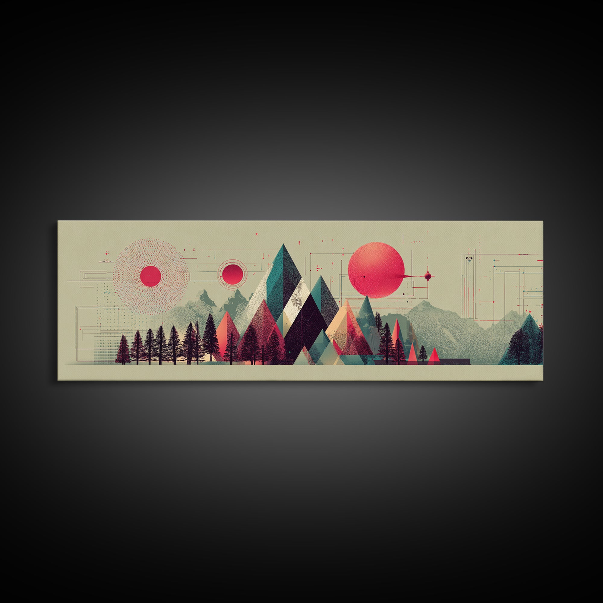 Pink Sun Geometric Mountains Wall Art, Midcentury Modern Art Print, Abstract Landscape Poster, Colorful Office Decor Gift