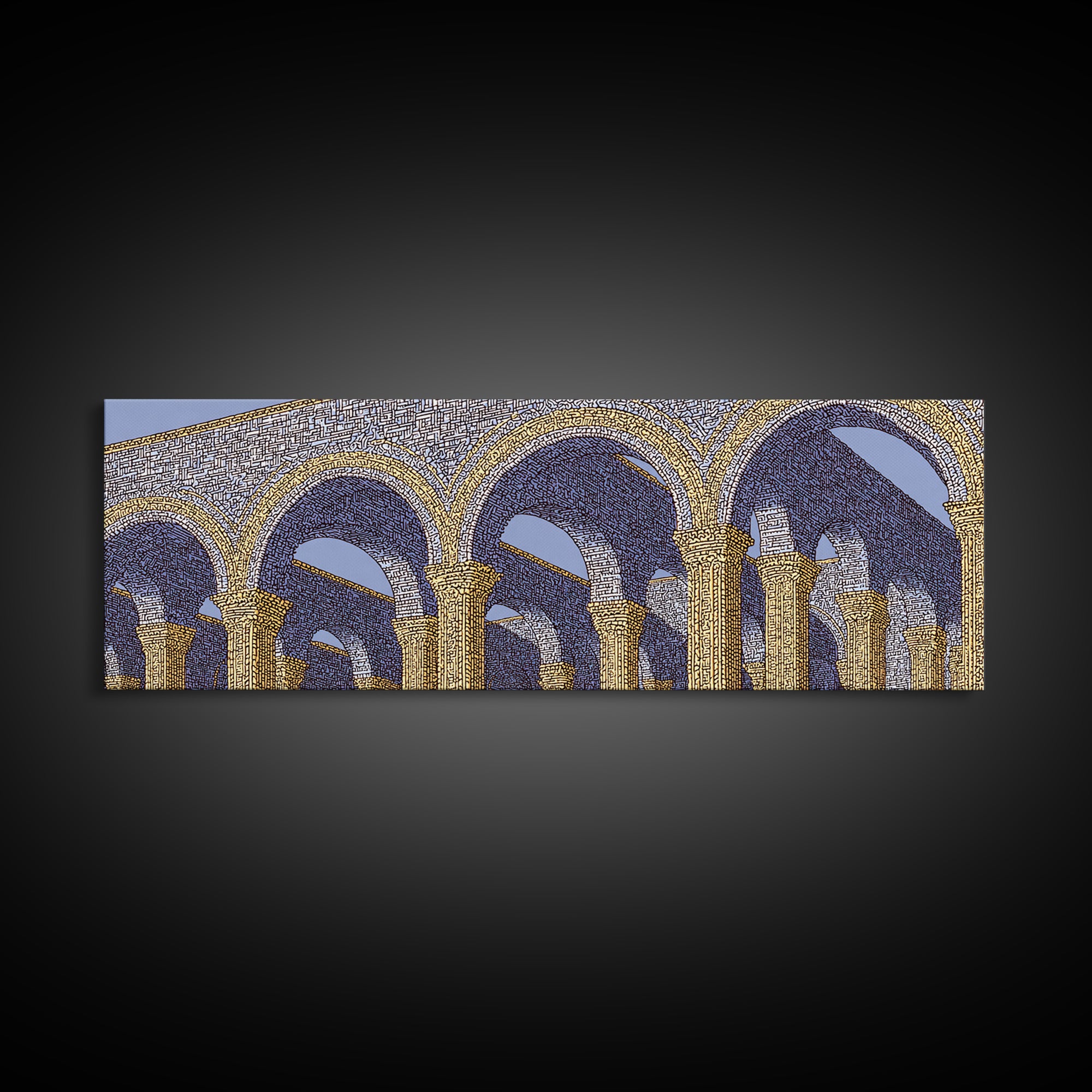 Golden Blue Moorish Arches Framed Canvas Print, Architectural Wall Art, Mediterranean Decor, Elegant Colonnade Poster Gift