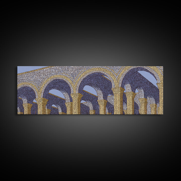 Golden Blue Moorish Arches Framed Canvas Print, Architectural Wall Art, Mediterranean Decor, Elegant Colonnade Poster Gift