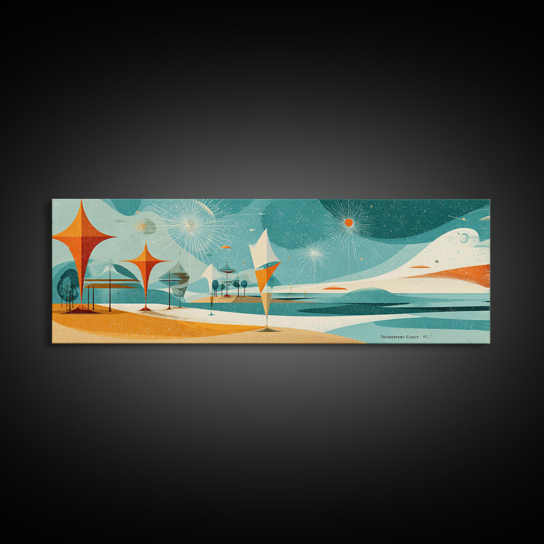 Retro Abstract Beach Waves Canvas Print, Atomic Coastal Wall Art, Midcentury Modern Decor, Orange Teal Poster For Beach House