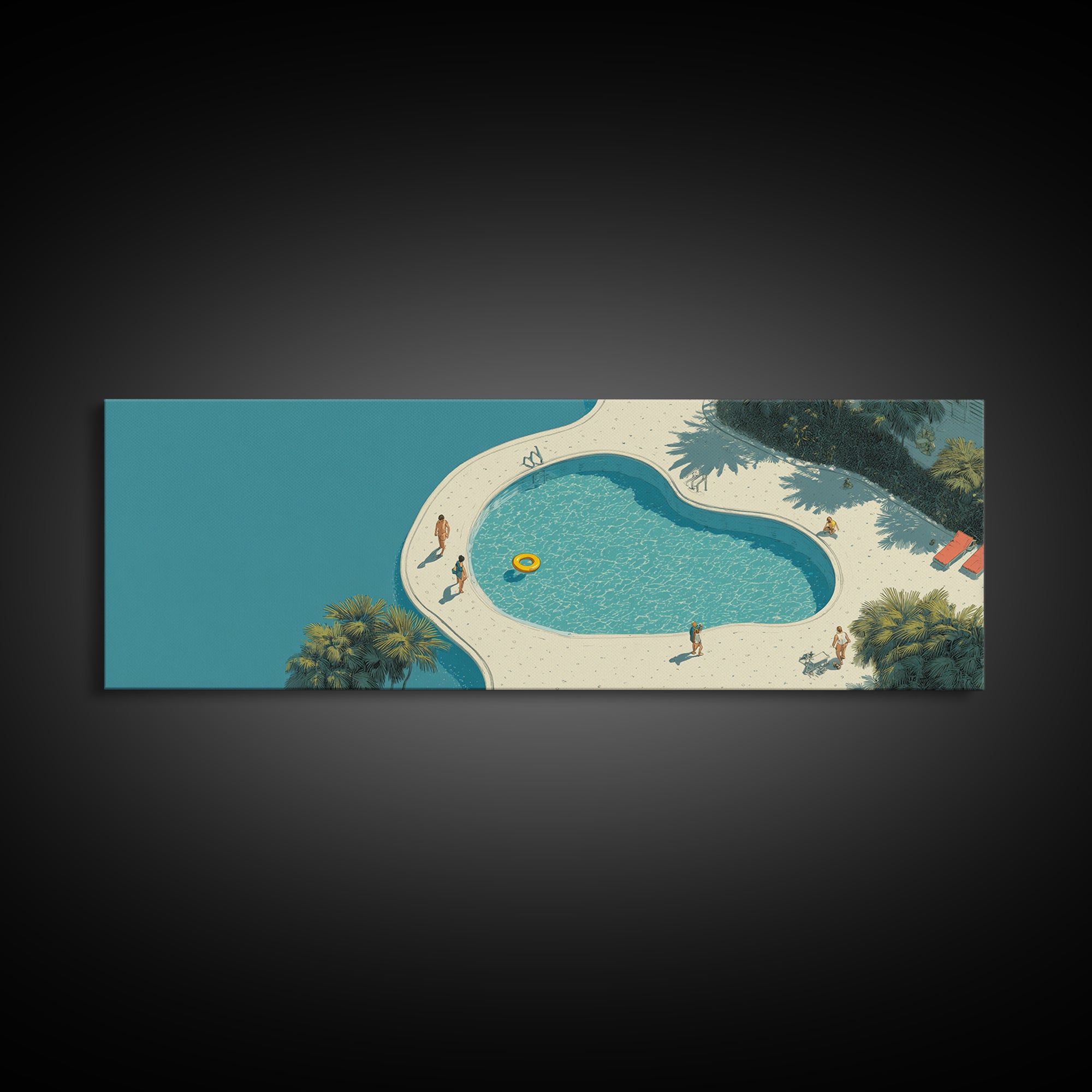 Aerial Turquoise Pool Beside Blue Water Canvas Print, Minimalist Wall Art, Midcentury Modern Decor, Coastal Resort Poster