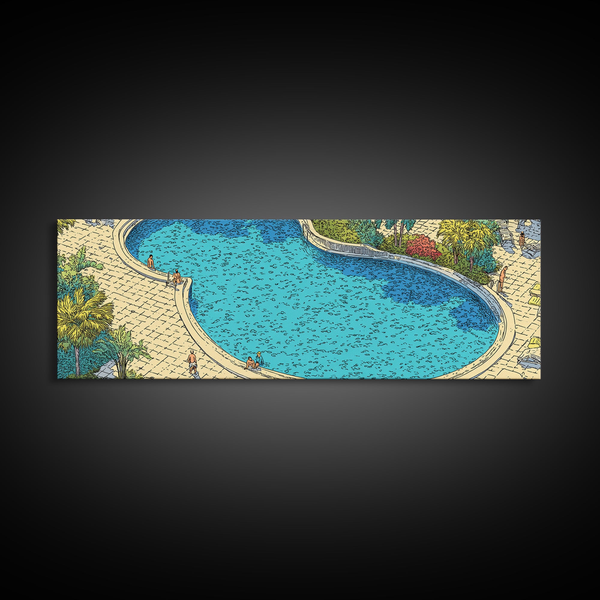 Bright Blue Resort Pool With Stone Terrace Wall Art, Midcentury Modern Print, Tropical Garden Decor, Large Canvas Poster