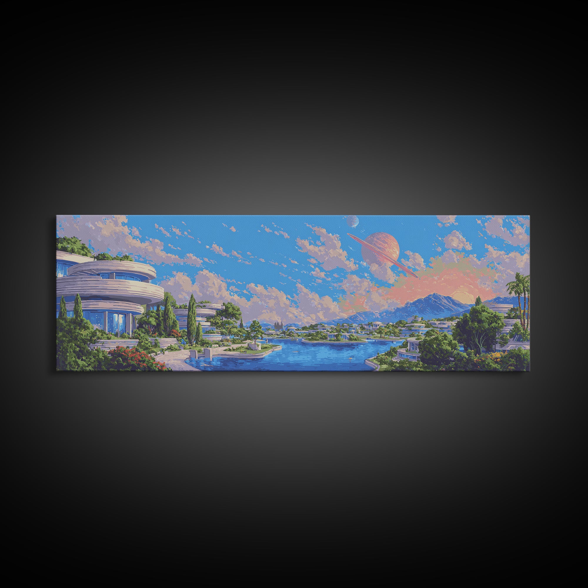 Futuristic Lakeside City With Planets Wall Art, Midcentury Modern Poster, Retro Sci Fi Decor, Scenic Landscape Canvas Print