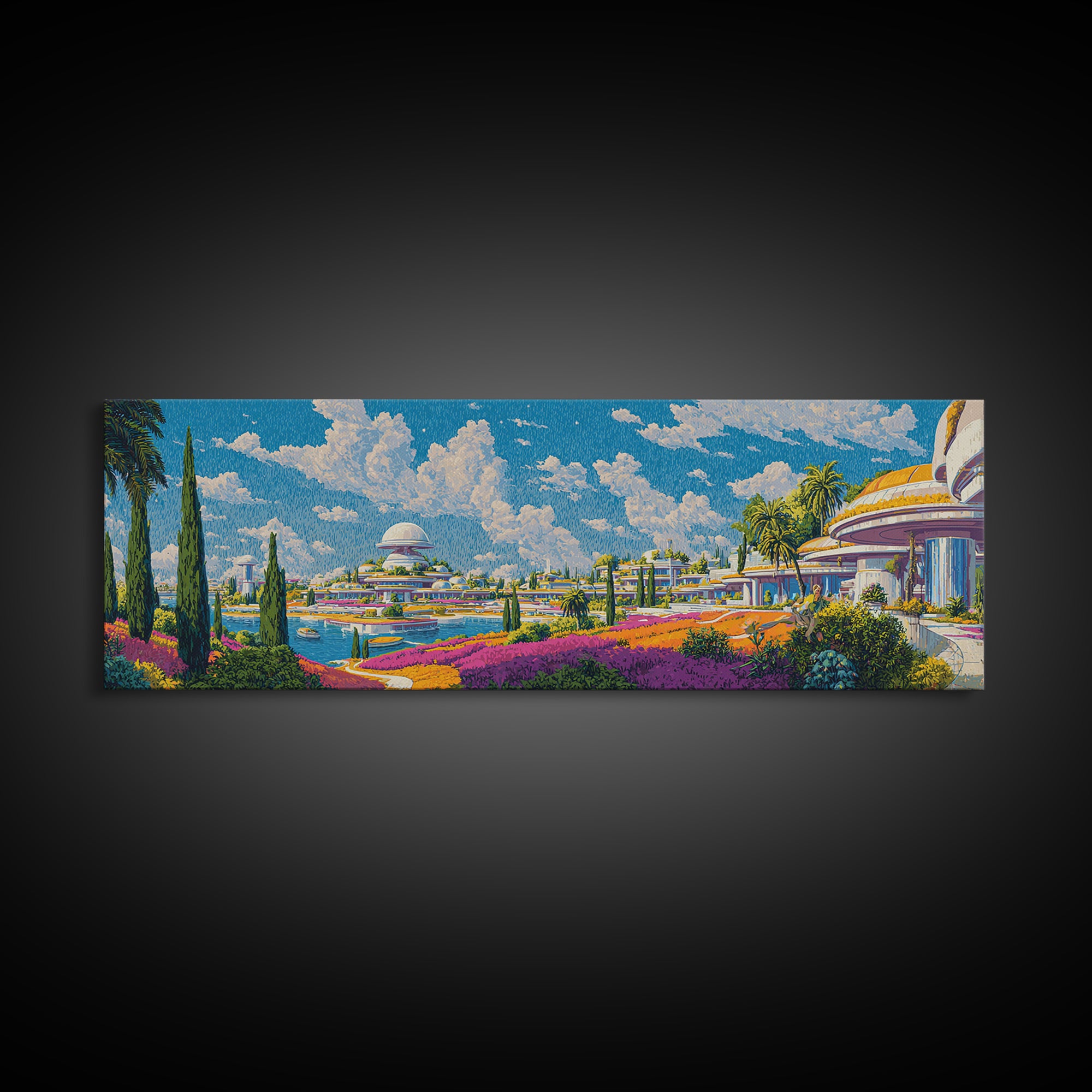 Utopian Waterfront Futurist City Wall Art, Mid Century Modern Travel Poster, Retro Modern Home Decor, Panoramic Canvas Print
