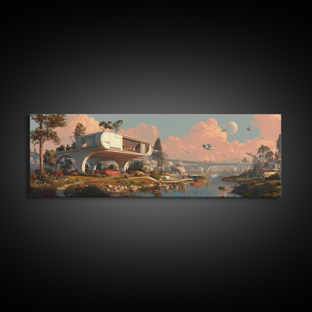 Retro Future Stilt House At Moonlit Marsh Wall Art, Mid Century Modern Architecture Poster, MCM Decor, Panoramic Canvas Print