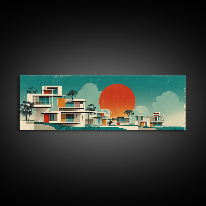 Modernist White Villas With Orange Sun Wall Art, Mid Century Modern Architecture, Palm Springs Decor, Teal Panoramic Print