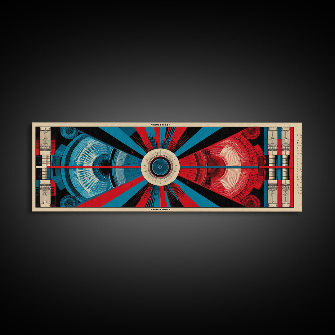 Red And Blue Technical Mandala Wall Art, Mid Century Abstract Geometric Poster, Atomic Modern Decor, Panoramic Canvas Print