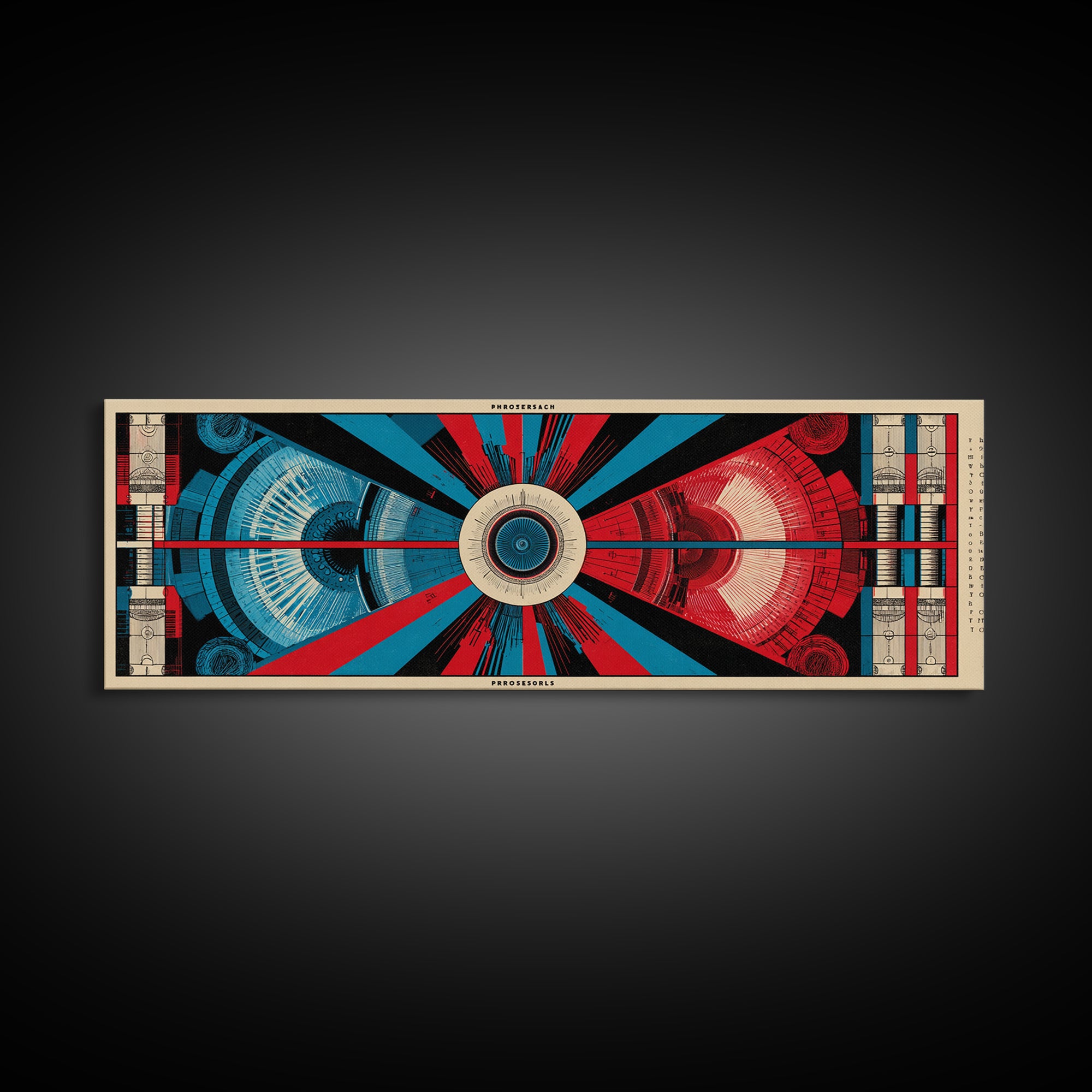 Red And Blue Technical Mandala Wall Art, Mid Century Abstract Geometric Poster, Atomic Modern Decor, Panoramic Canvas Print