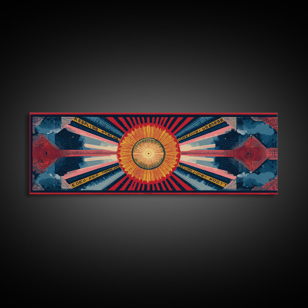 Cosmic Golden Sunburst Space Chart Wall Art, Mid Century Modern Abstract, Atomic Retro Poster, Blue Red Panoramic Canvas Print