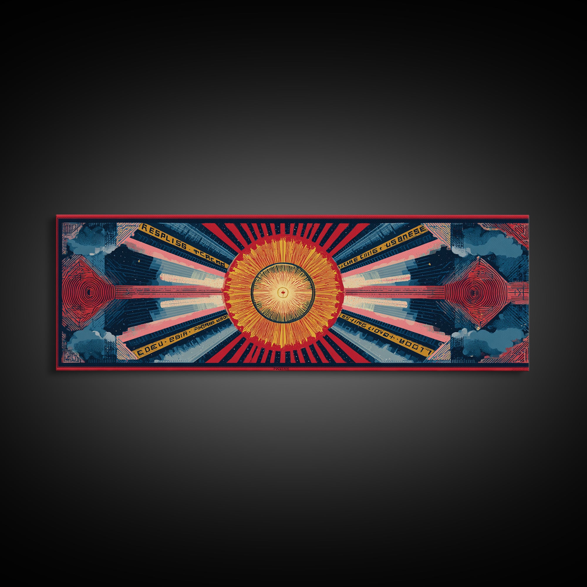 Cosmic Golden Sunburst Space Chart Wall Art, Mid Century Modern Abstract, Atomic Retro Poster, Blue Red Panoramic Canvas Print