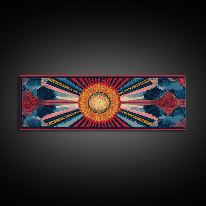 Cosmic Golden Sunburst Space Chart Wall Art, Mid Century Modern Abstract, Atomic Retro Poster, Blue Red Panoramic Canvas Print