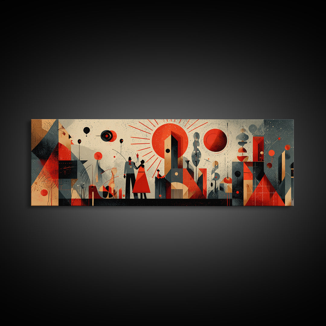 Geometric Red Sun City With Figures Wall Art, Mid Century Modern Abstract Poster, Bauhaus MCM Decor, Panoramic Canvas Print