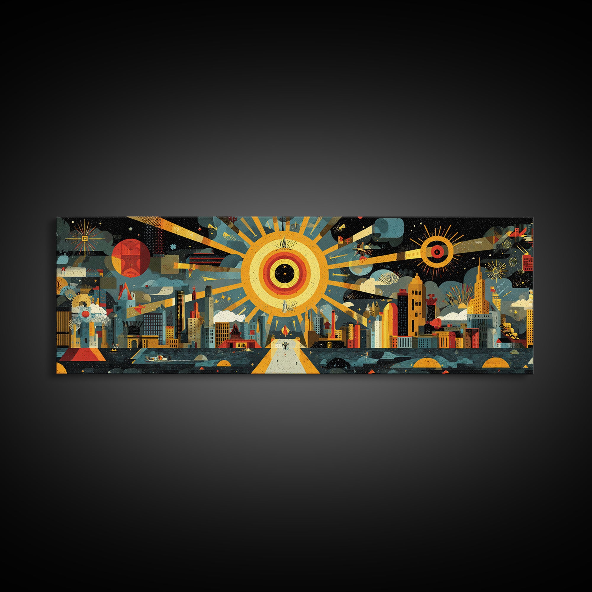 Atomic City Skyline Under Giant Sun Wall Art, Mid Century Modern Urban Poster, Retro Modern Home Decor, Panoramic Canvas Print