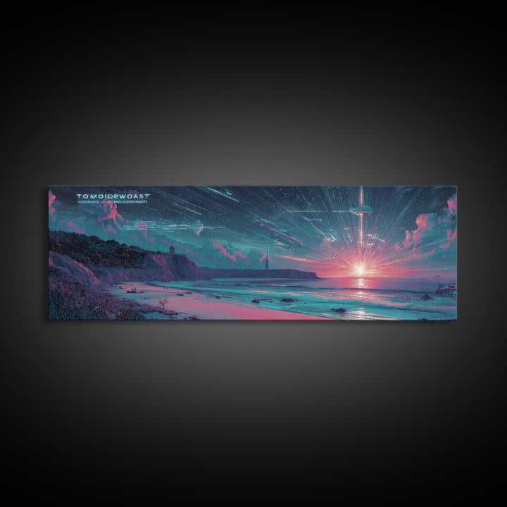 Futuristic Neon Beach Sunset With Star Trails, Sci Fi Coastal Wall Art, Retro Modern Poster, Space Abstract Art Print Decor