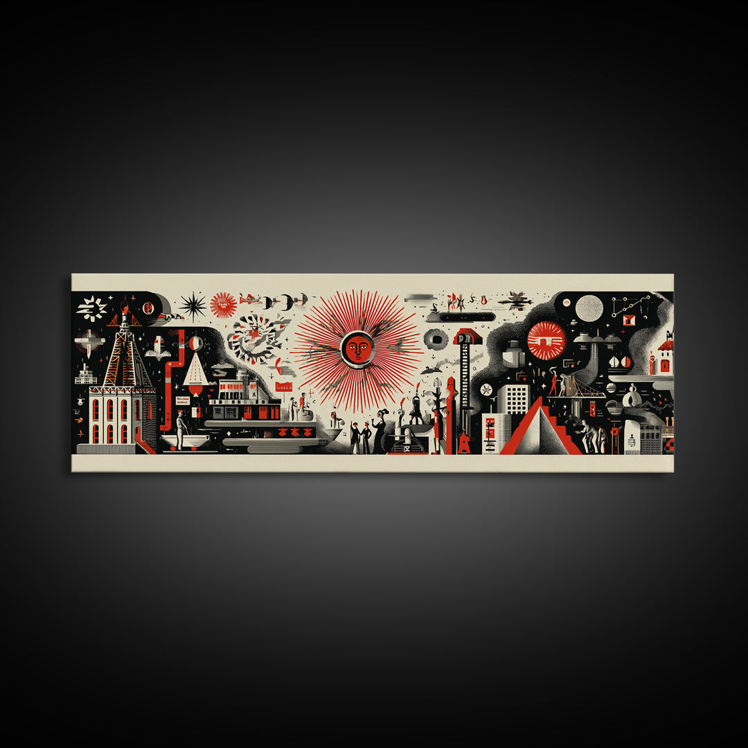 Surreal Red Sun Town Collage Wall Art, Mid Century Modern Folk Abstract Poster, Black Cream Retro Decor, Panoramic Canvas Print