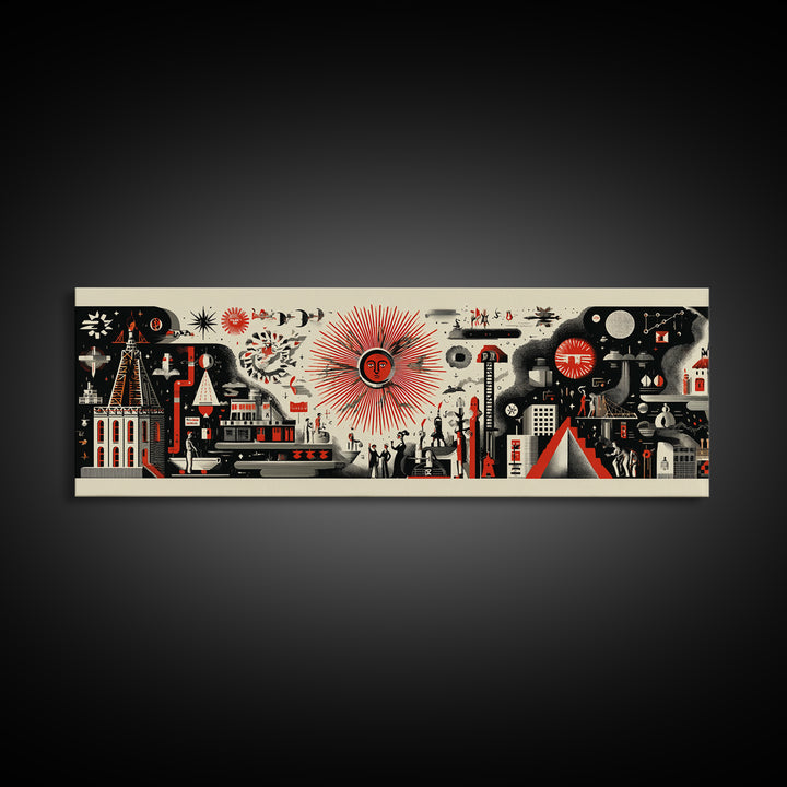 Surreal Red Sun Town Collage Wall Art, Mid Century Modern Folk Abstract Poster, Black Cream Retro Decor, Panoramic Canvas Print
