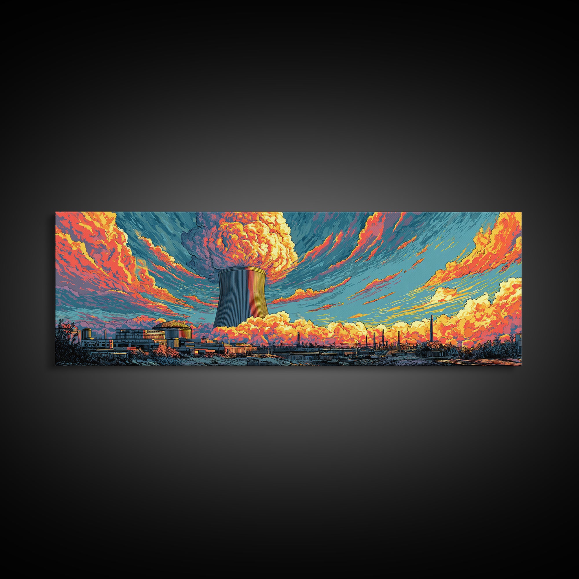 Nuclear Skyline With Orange Cloud Wall Art, Atomic Retro Poster, Midcentury Modern Art, Sci Fi Industrial Wall Decor, Home Office Decor