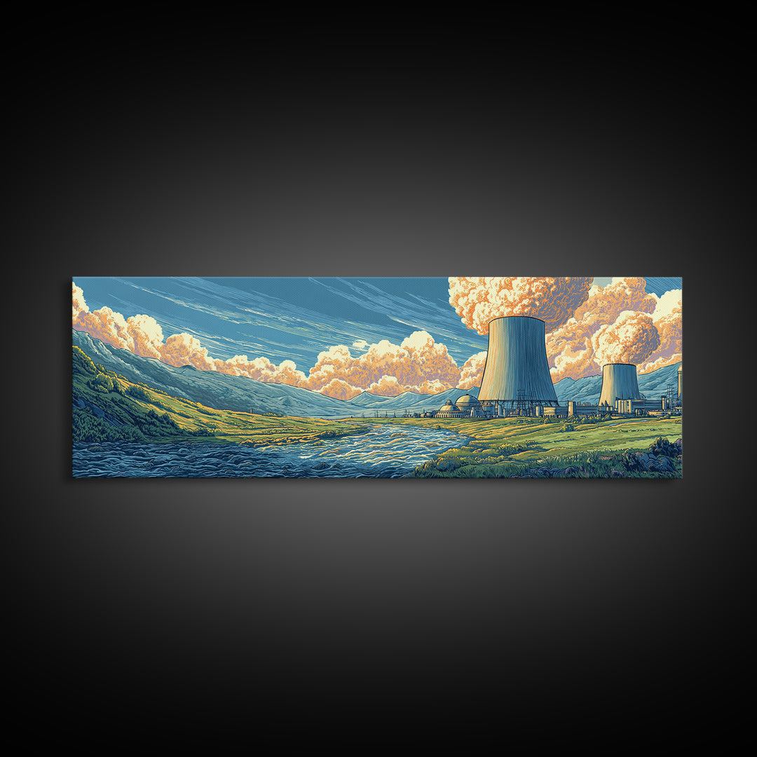 River Valley Nuclear Towers Framed Canvas Print, Scenic Retro Wall Art, Midcentury Modern Decor, Landscape Poster, Home Office Art