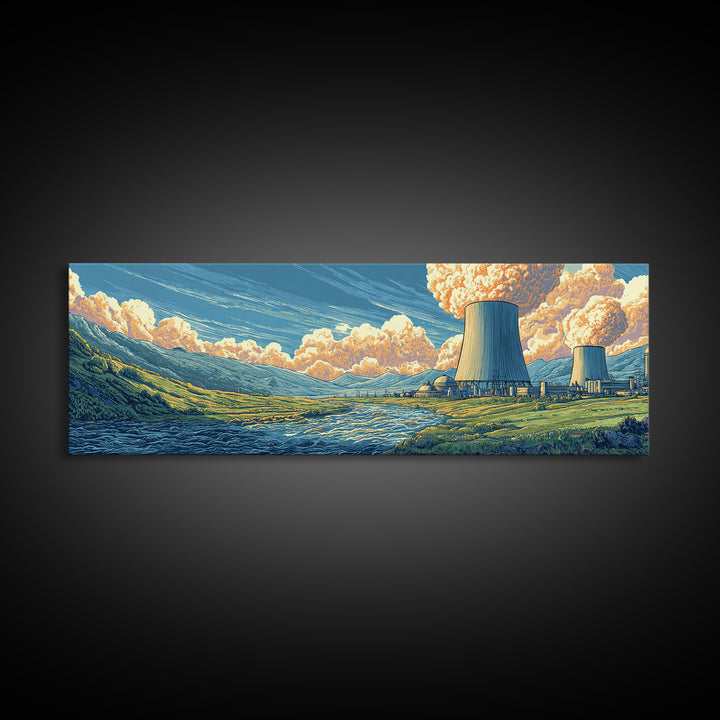 River Valley Nuclear Towers Framed Canvas Print, Scenic Retro Wall Art, Midcentury Modern Decor, Landscape Poster, Home Office Art