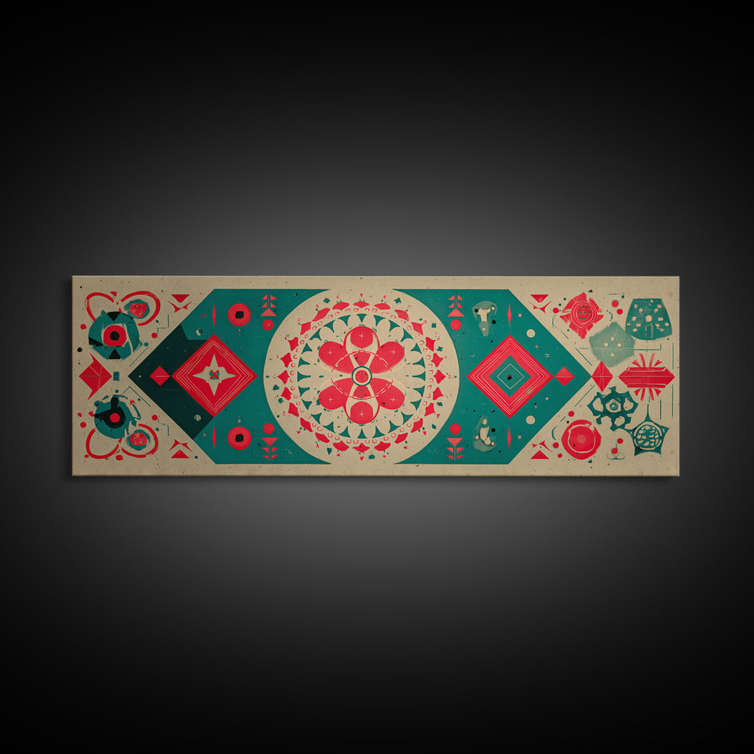 Red Green Mandala Flowers And Diamonds Canvas Print, Geometric Wall Art, Midcentury Modern Decor, Retro Pattern Poster, Home Decor