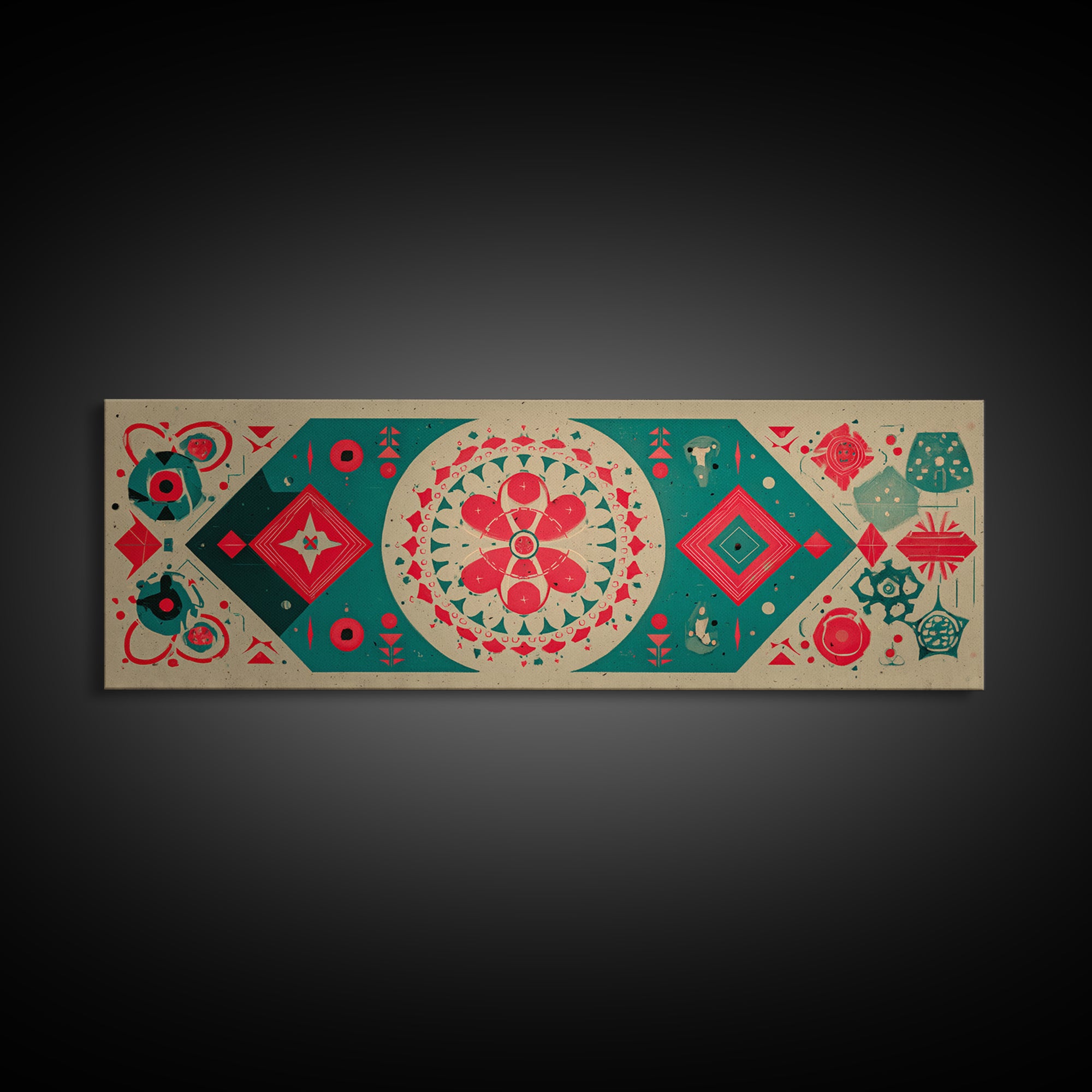 Red Green Mandala Flowers And Diamonds Canvas Print, Geometric Wall Art, Midcentury Modern Decor, Retro Pattern Poster, Home Decor