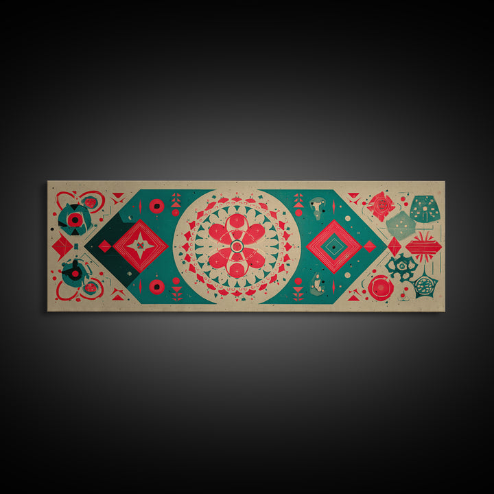 Red Green Mandala Flowers And Diamonds Canvas Print, Geometric Wall Art, Midcentury Modern Decor, Retro Pattern Poster, Home Decor