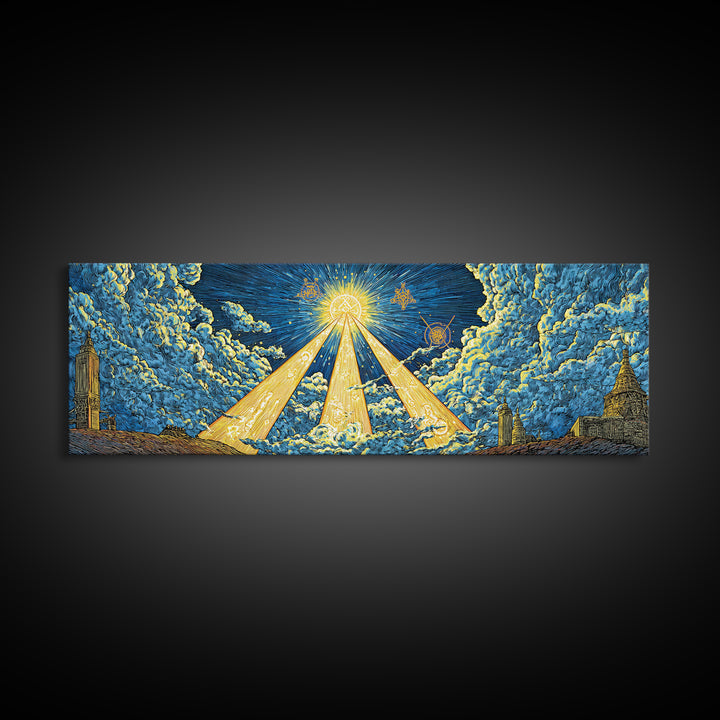 Golden Light Beams Through Clouds Framed Canvas Print, Spiritual Wall Art, Midcentury Modern Poster, Celestial Decor, Sci Fi Wall Decor
