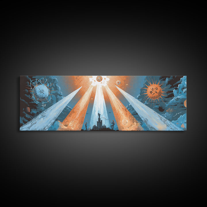 Planetary Spotlights Over Futuristic City Canvas Print, Space Abstract Art, Modern Wall Decor, Retro Sci Fi Poster, Home Office Art