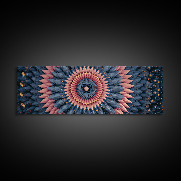 Layered Pink And Navy Geometric Mandala Wall Art, Midcentury Modern Abstract Canvas, Retro MCM Decor, Large Print, Home Decor