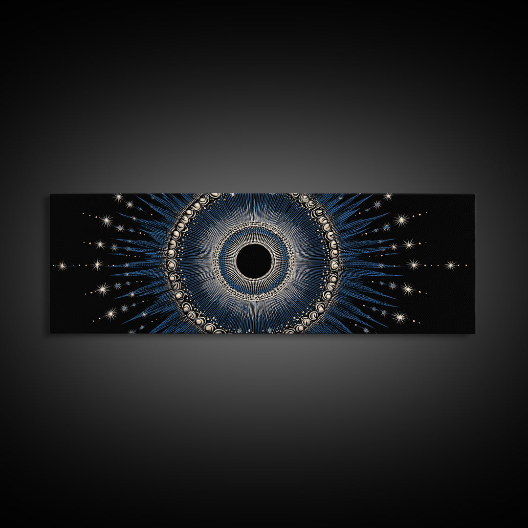 Blue Celestial Eclipse Wall Art, Art Deco Sunburst Mandala, Modern Abstract Print, Gothic Cosmic Framed Canvas Print Decor