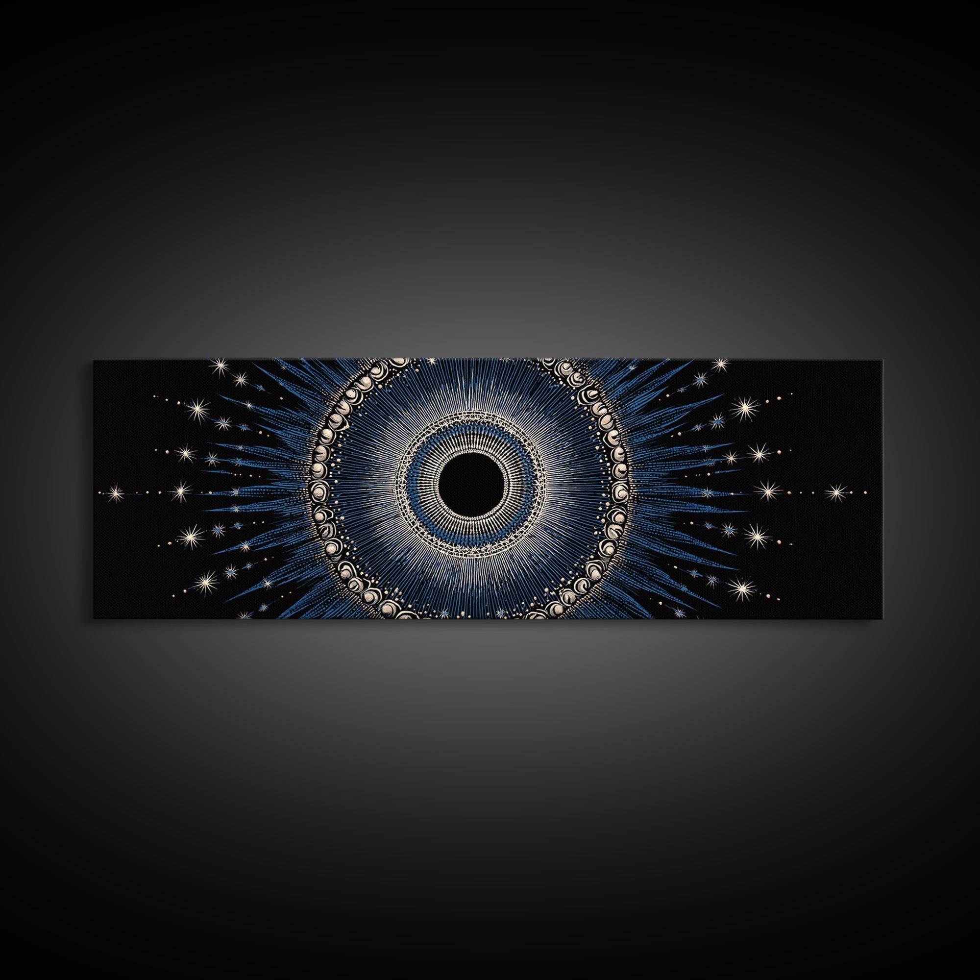 Blue Celestial Eclipse Wall Art, Art Deco Sunburst Mandala, Modern Abstract Print, Gothic Cosmic Framed Canvas Print Decor