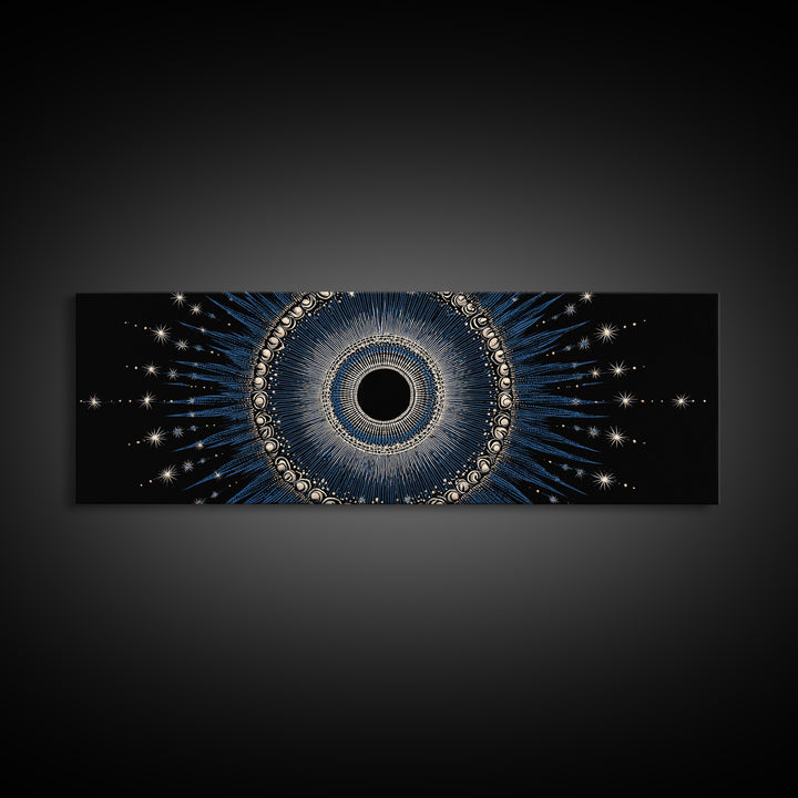 Blue Celestial Eclipse Wall Art, Art Deco Sunburst Mandala, Modern Abstract Print, Gothic Cosmic Framed Canvas Print Decor