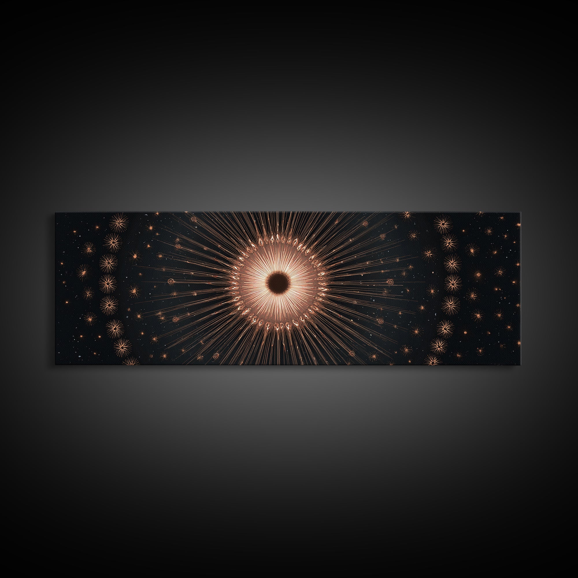 Copper Gold Eclipse Sunburst Wall Art, Modern Art Deco Canvas Print, Cosmic Celestial Decor, Black Gold Statement Print Gift
