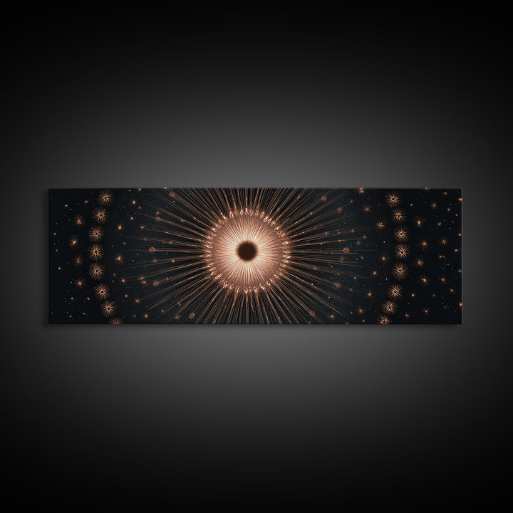 Copper Gold Eclipse Sunburst Wall Art, Modern Art Deco Canvas Print, Cosmic Celestial Decor, Black Gold Statement Print Gift