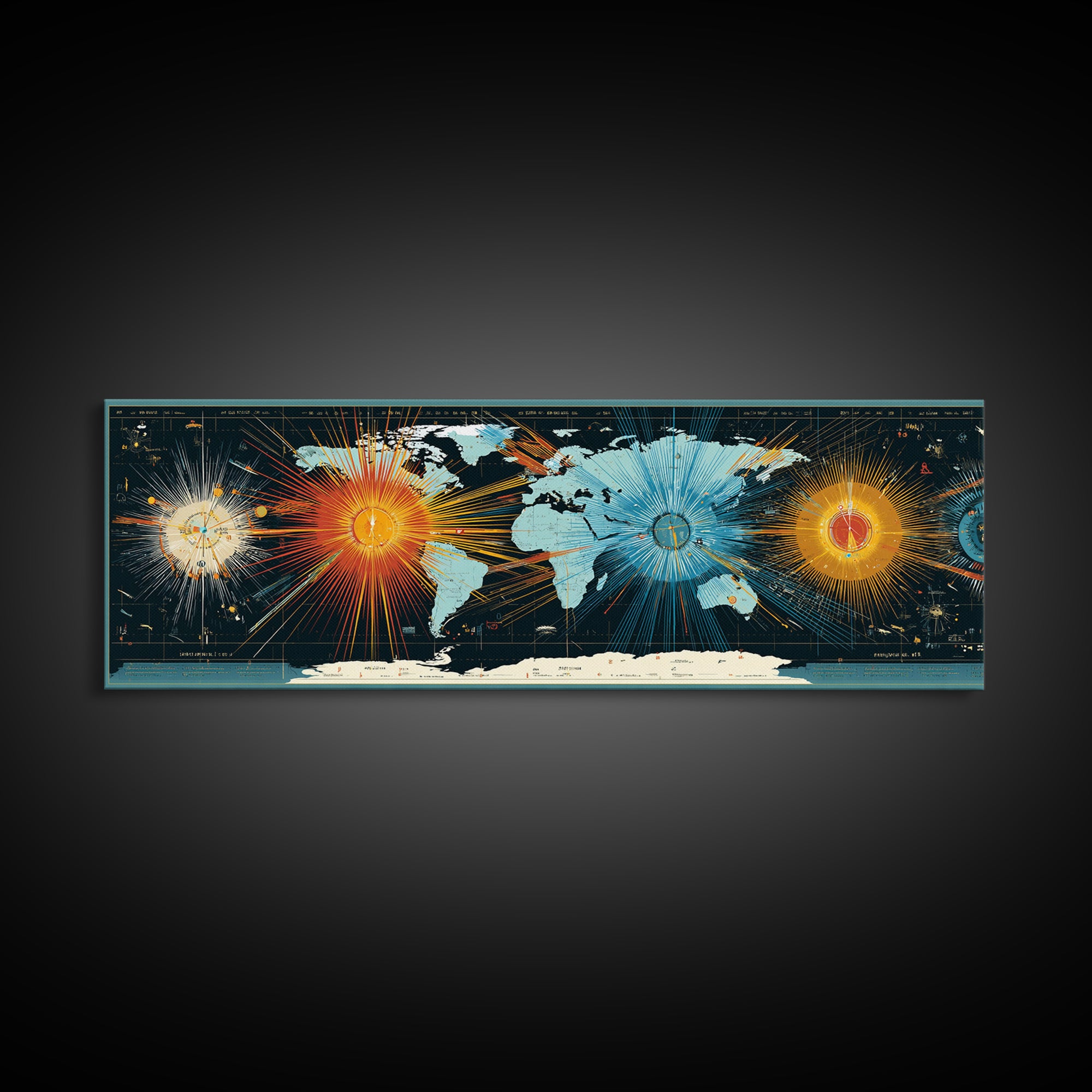 World Map Sunburst Network With Celestial Nodes, Canvas Print, Modern Wall Art, Geographic Abstract Poster For Office Decor