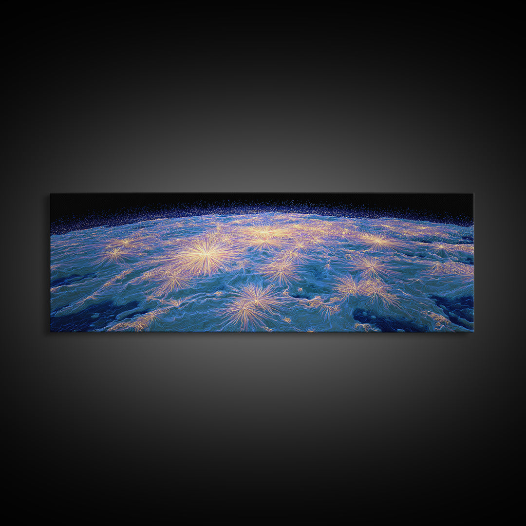 Earth From Orbit With Electric Light Bursts, Framed Canvas Print, Space Abstract Art, Modern Wall Decor For Home Office Decor