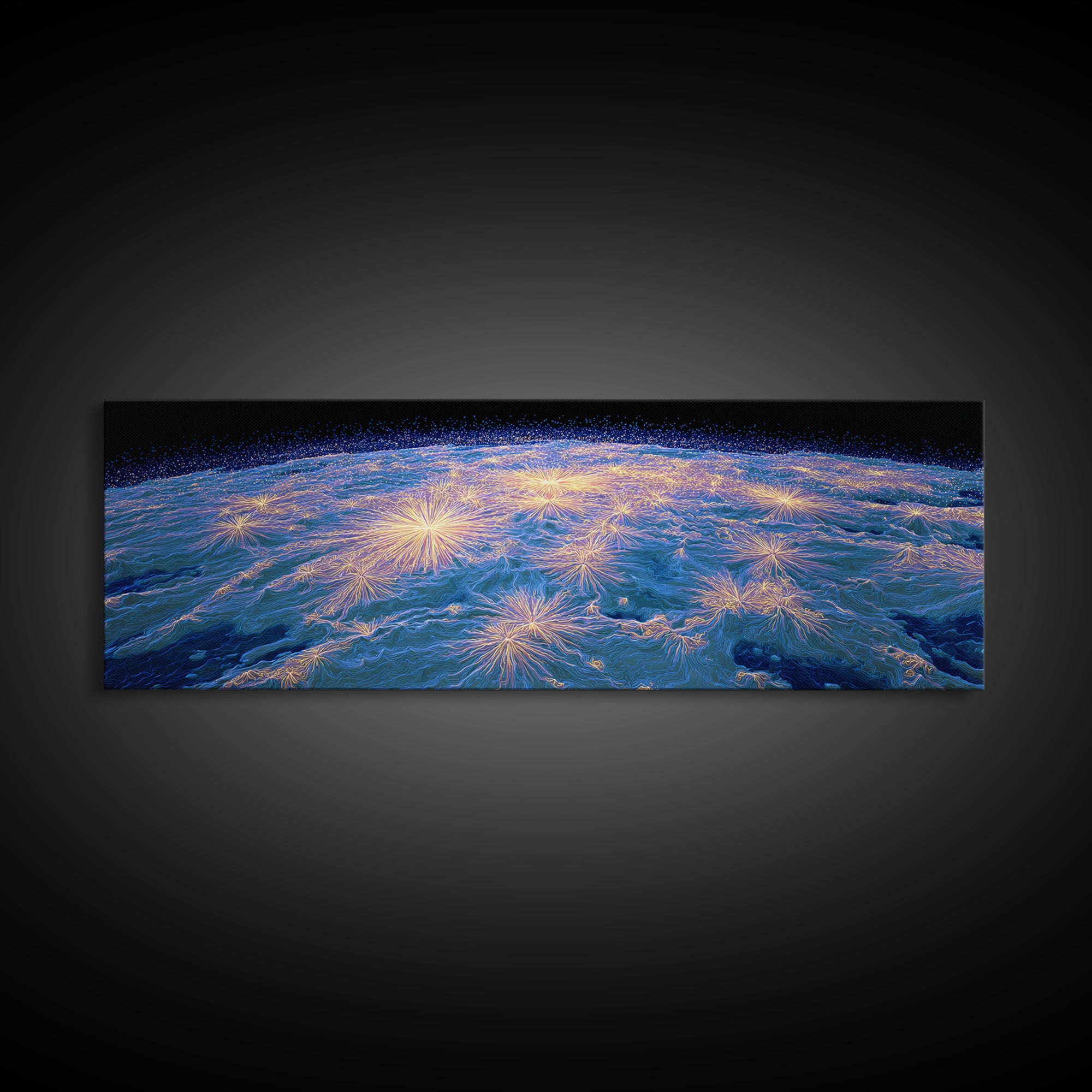 Earth From Orbit With Electric Light Bursts, Framed Canvas Print, Space Abstract Art, Modern Wall Decor For Home Office Decor