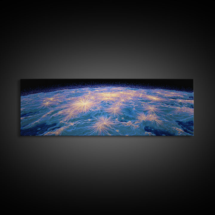 Earth From Orbit With Electric Light Bursts, Framed Canvas Print, Space Abstract Art, Modern Wall Decor For Home Office Decor