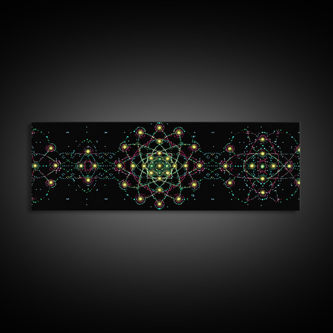 Neon Atomic Mandala Wall Art, Mid Century Modern Space Decor, Retro Science Poster, Psychedelic Geometric MCM Print, Black Wall Decor