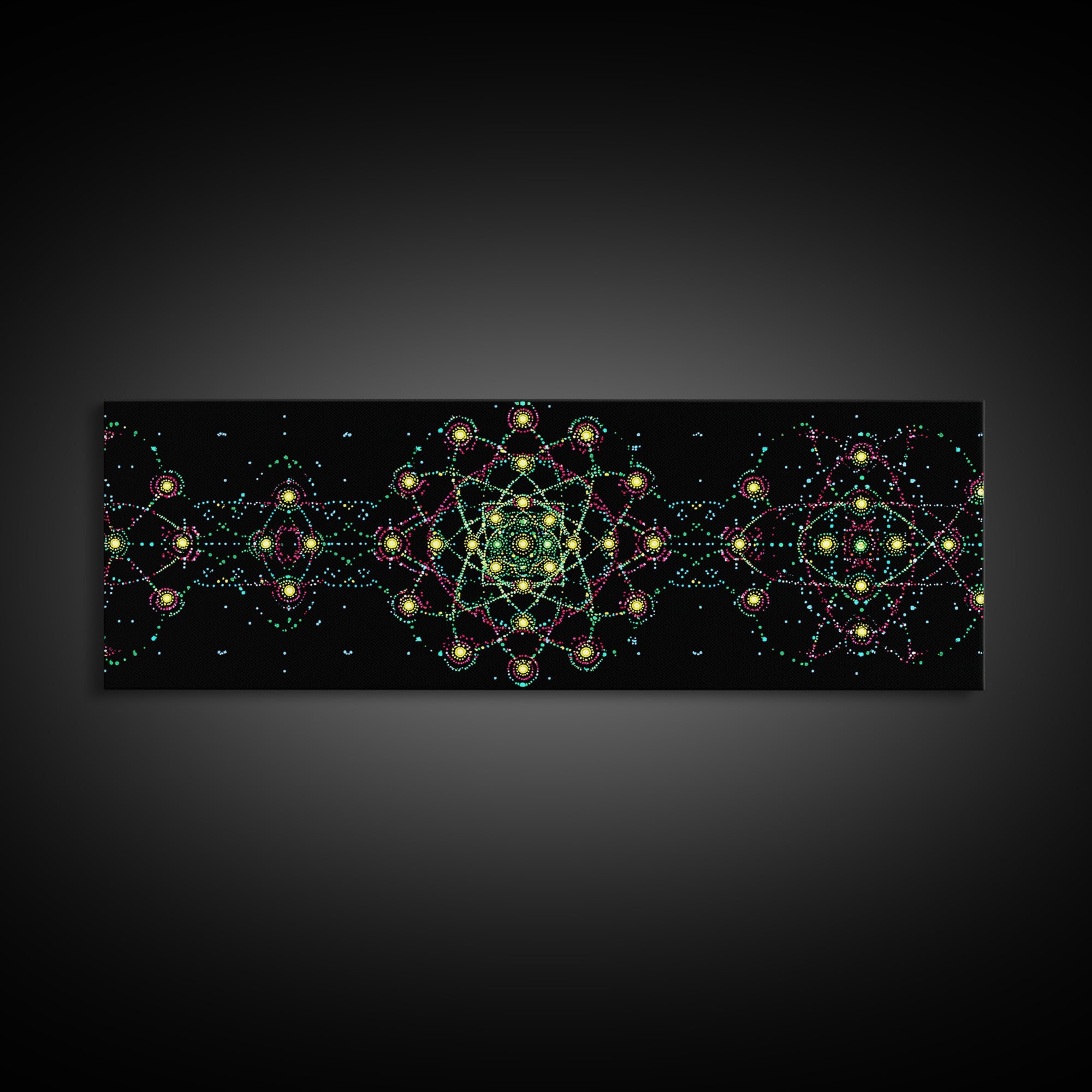 Neon Atomic Mandala Wall Art, Mid Century Modern Space Decor, Retro Science Poster, Psychedelic Geometric MCM Print, Black Wall Decor