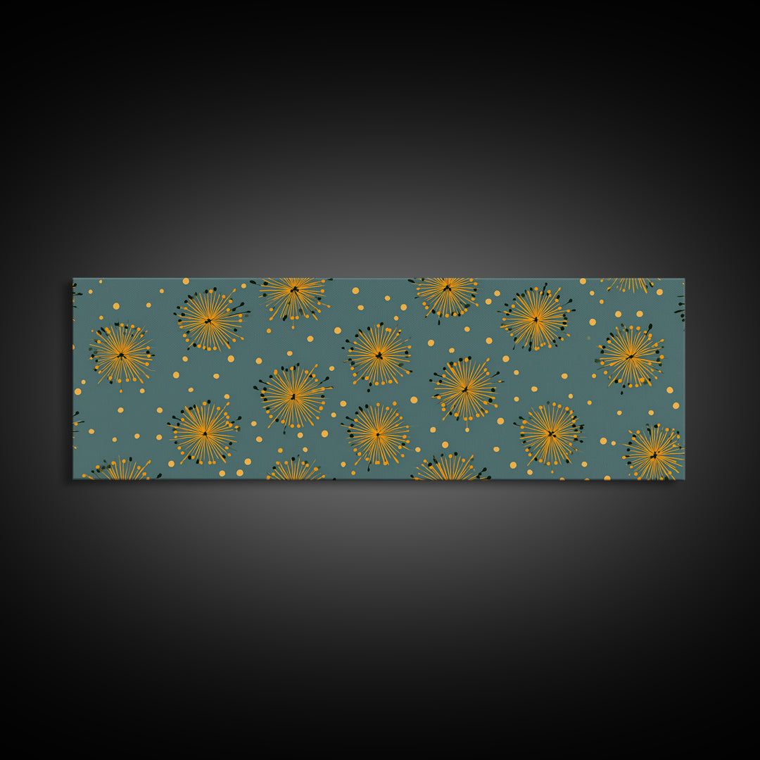 Yellow Starburst Floral Wall Art, Mid Century Modern Print, Retro Atomic Pattern Poster, Teal Kitchen Decor, MCM Art Print